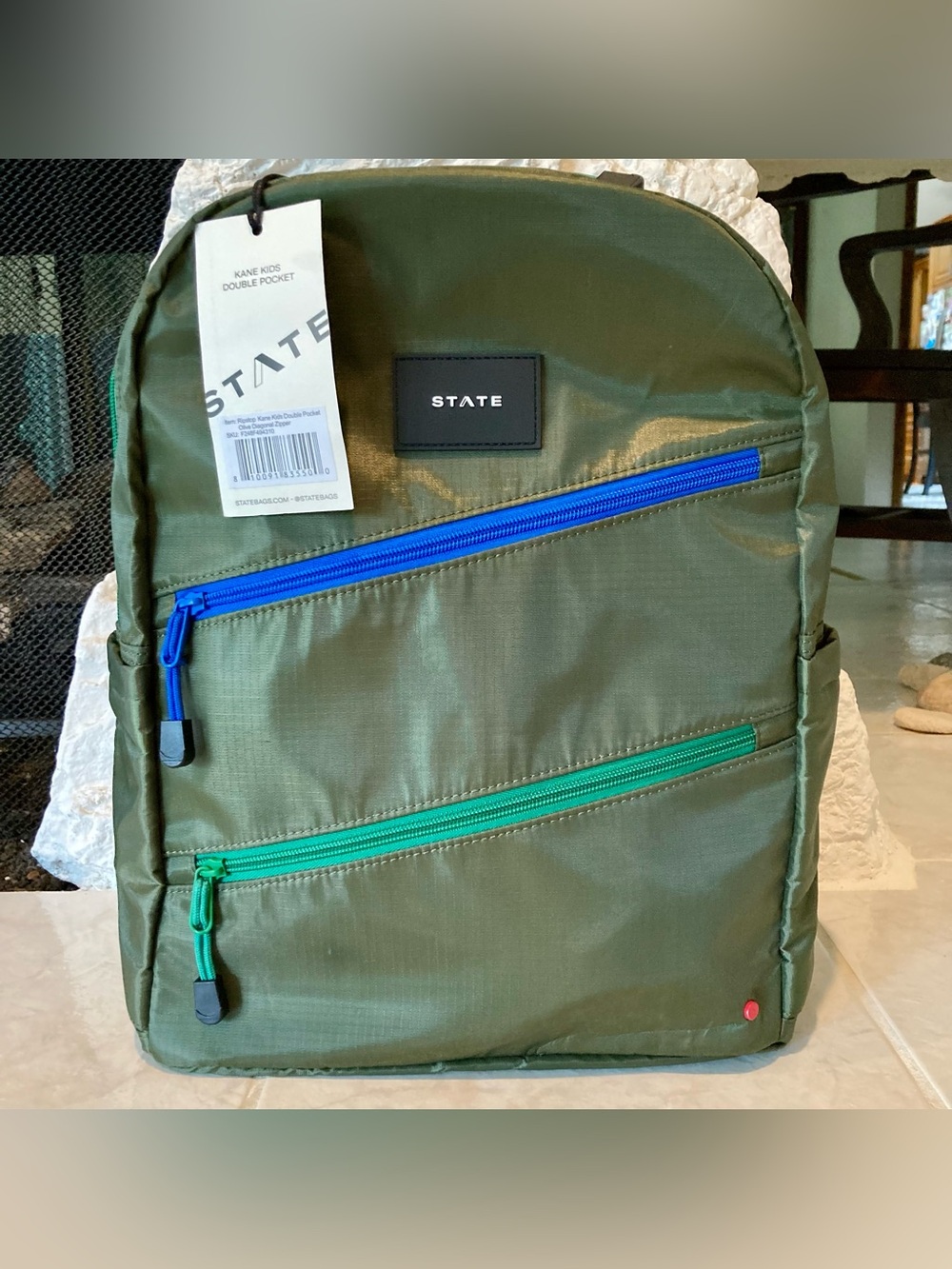 NWT State brand Kane kids double pocket olive diagonal zipper backpack